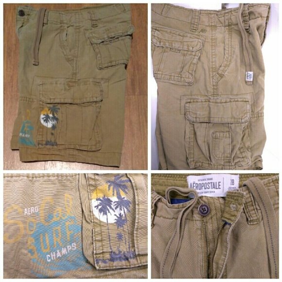 Aeropostale Mens Cargo Shorts sz 28 Beach Scene Brown Cotton SoCal Surf 7 Pocket - Picture 7 of 10